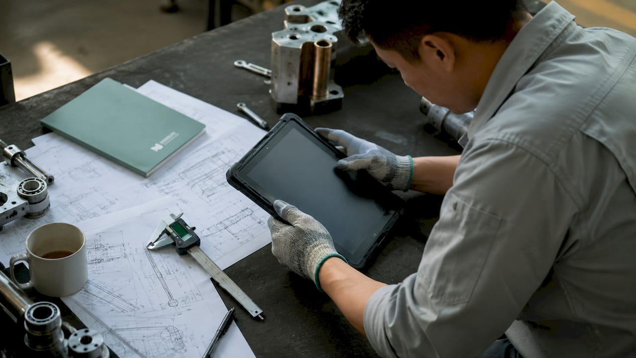 Technician using tablet on factory workbench