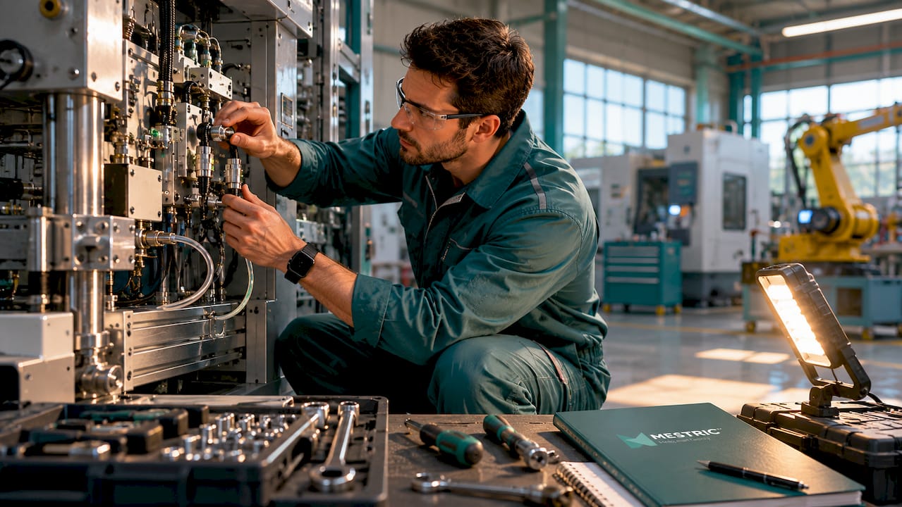 Technician adjusting sensor on industrial machinery