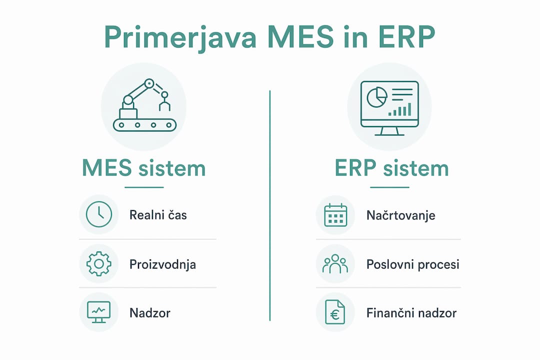 Pregled ključnih razlik med MES in ERP sistemi v infografiki