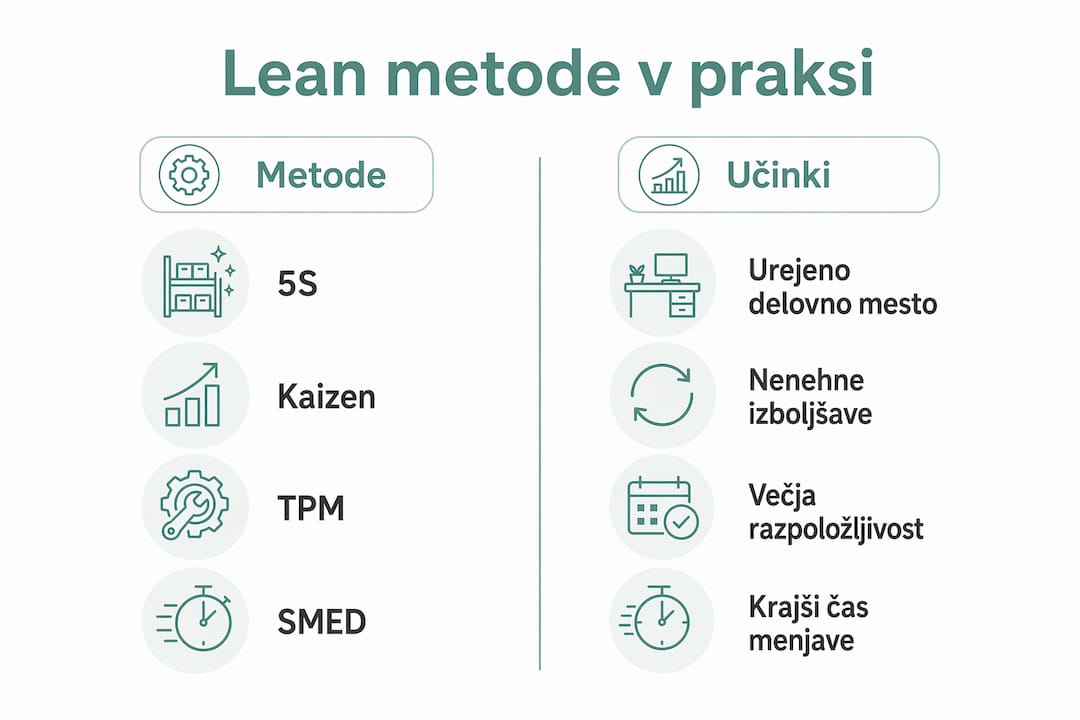 Infografika: primerjava pristopov vitkega poslovanja in njihovih vplivov