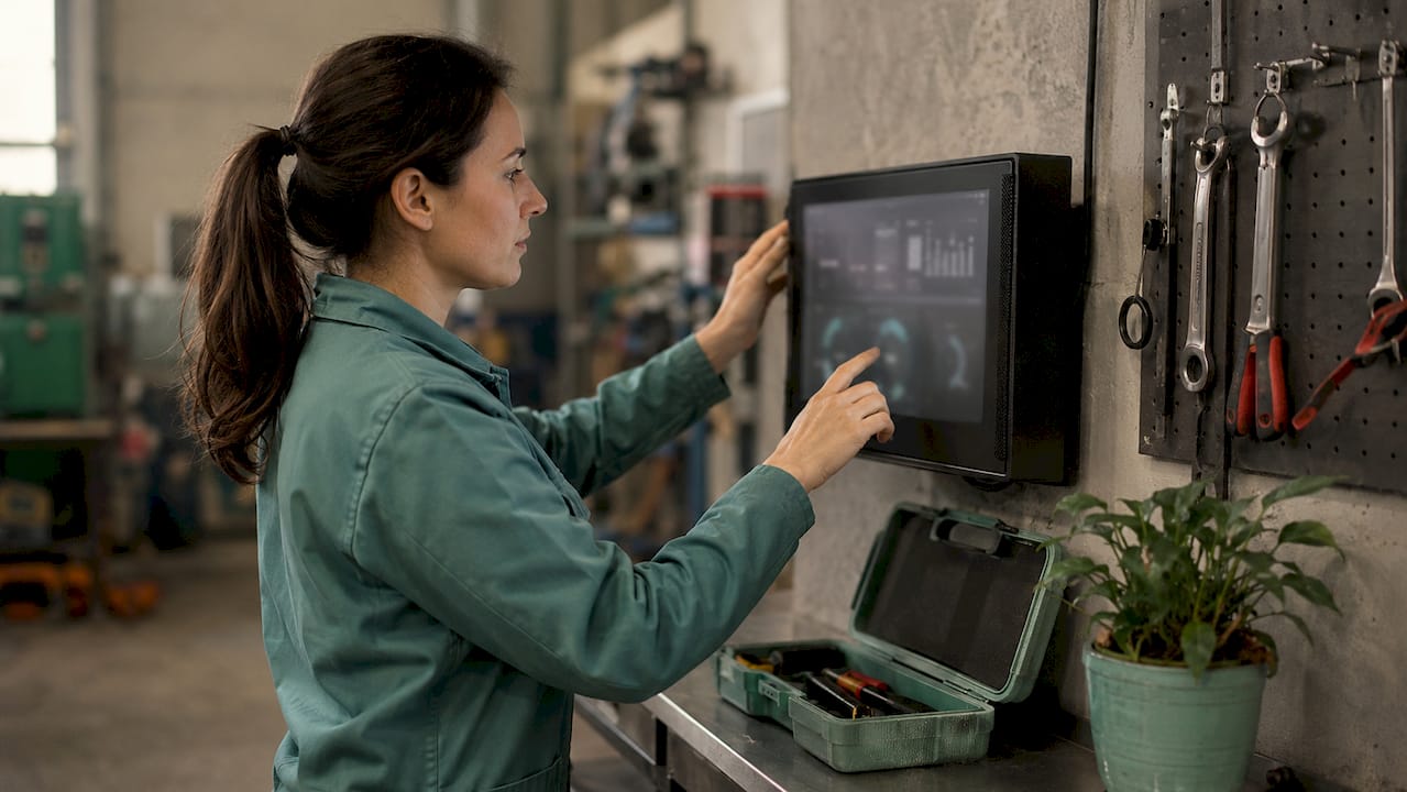 Operator interacting with industrial touchscreen panel