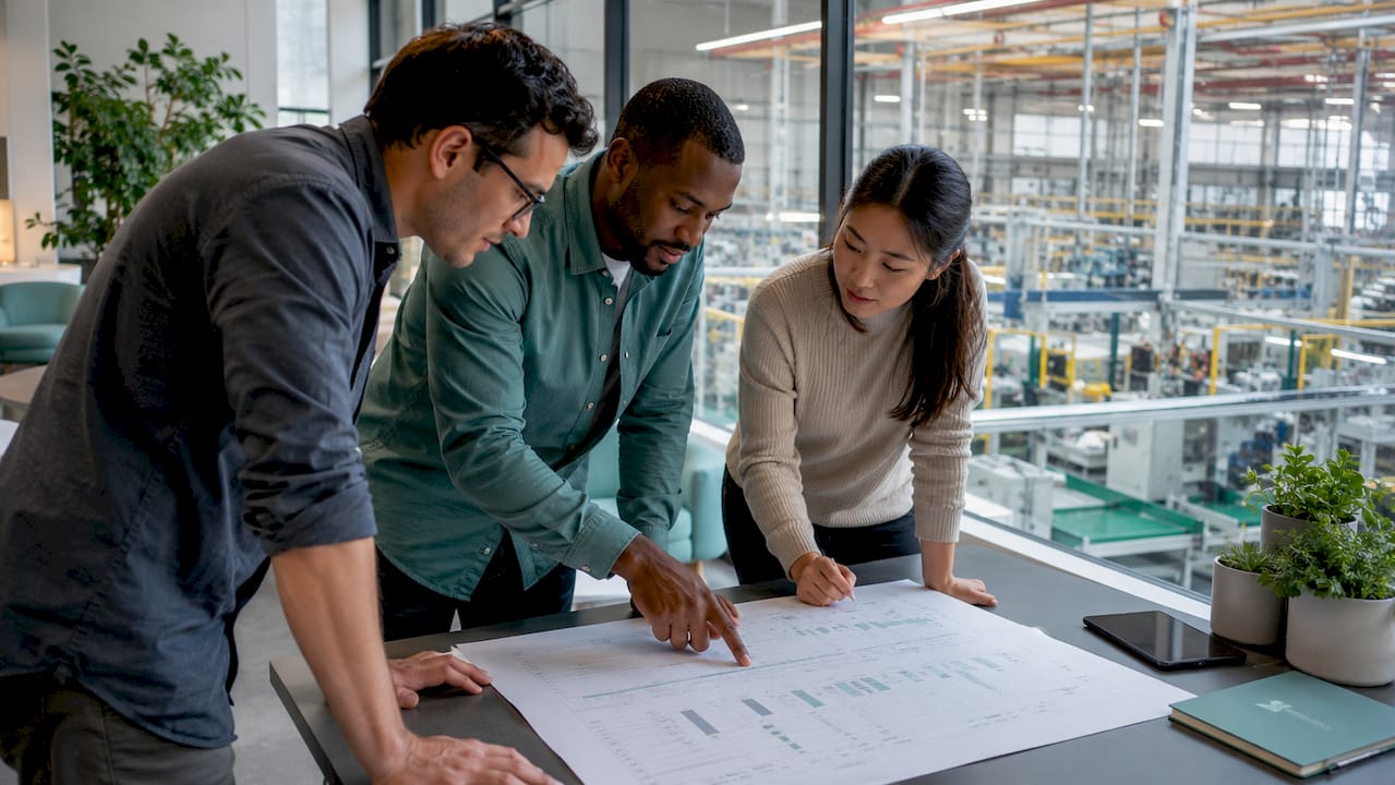 Engineers discussing live production data on tablets