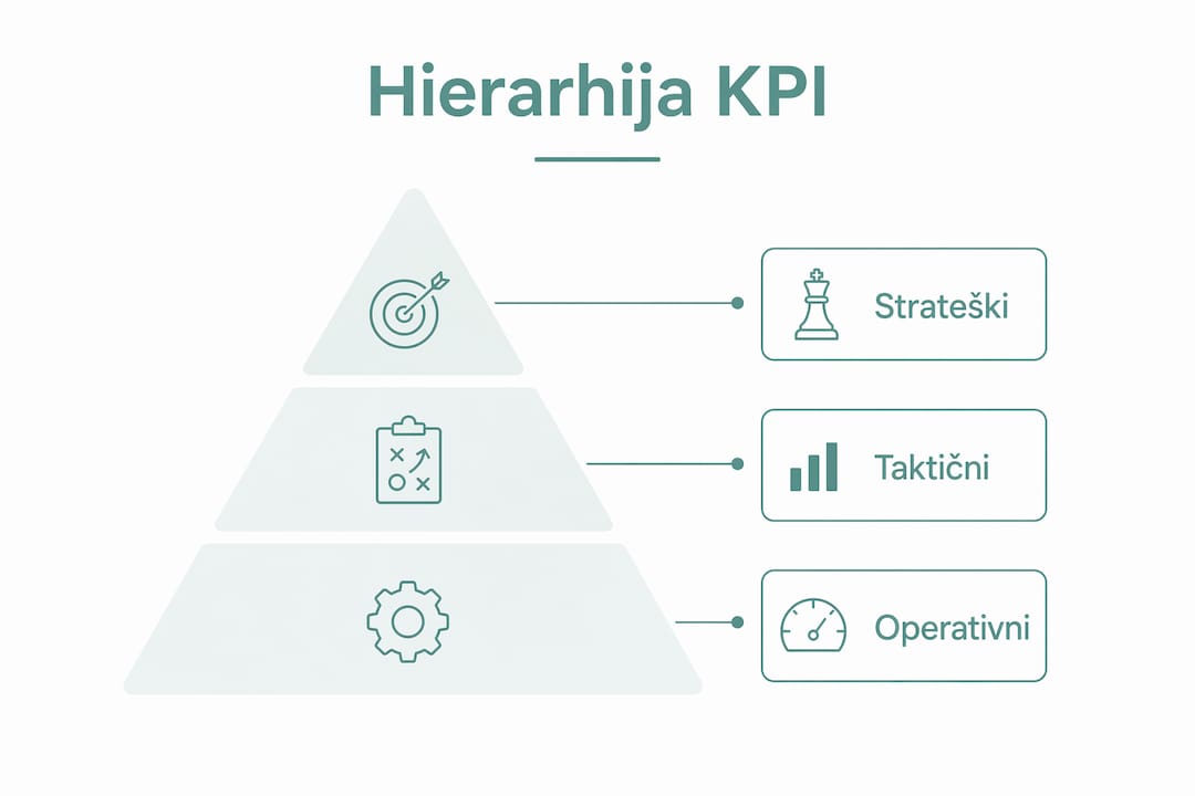 Infografika, ki prikazuje hierarhijo ključnih kazalnikov uspešnosti na treh nivojih