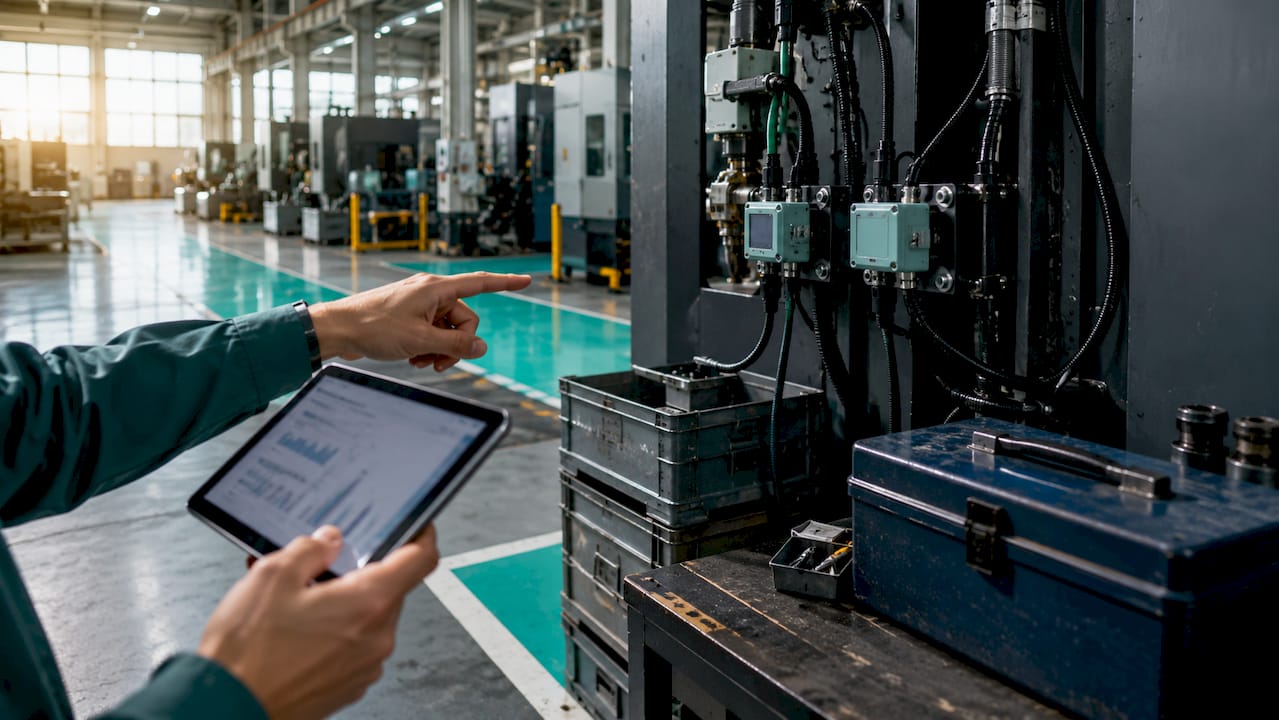 Hands with tablet examining energy submeter on machine