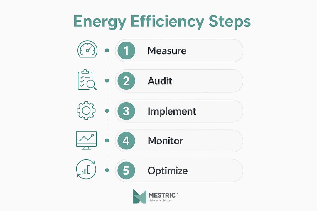 Infographic showing steps for improving factory energy efficiency