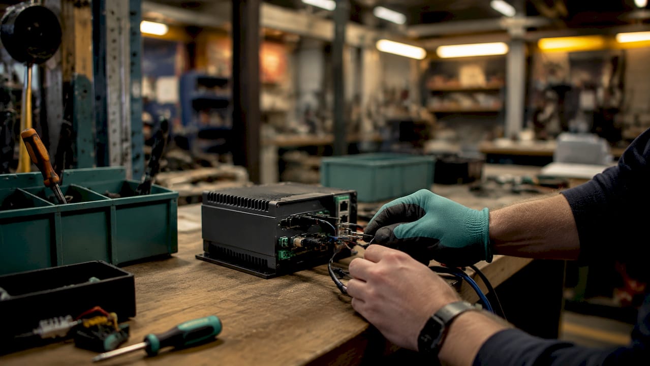 Hands wiring IoT gateway connectors in control cabinet