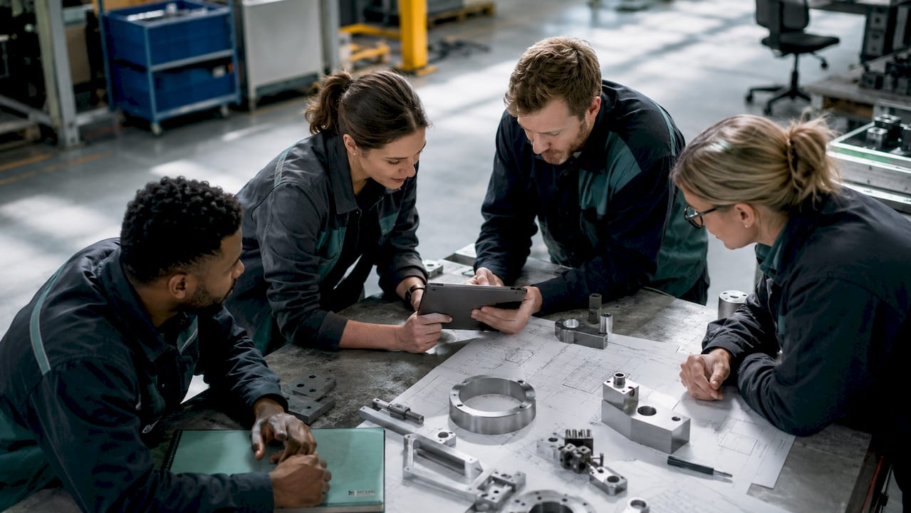 Shop floor workers inspecting parts and orders