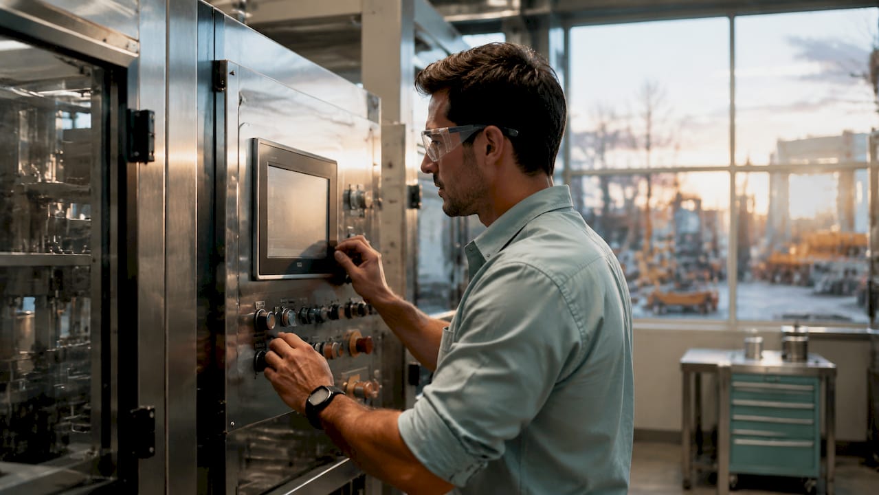 Technician adjusting manufacturing automation controls
