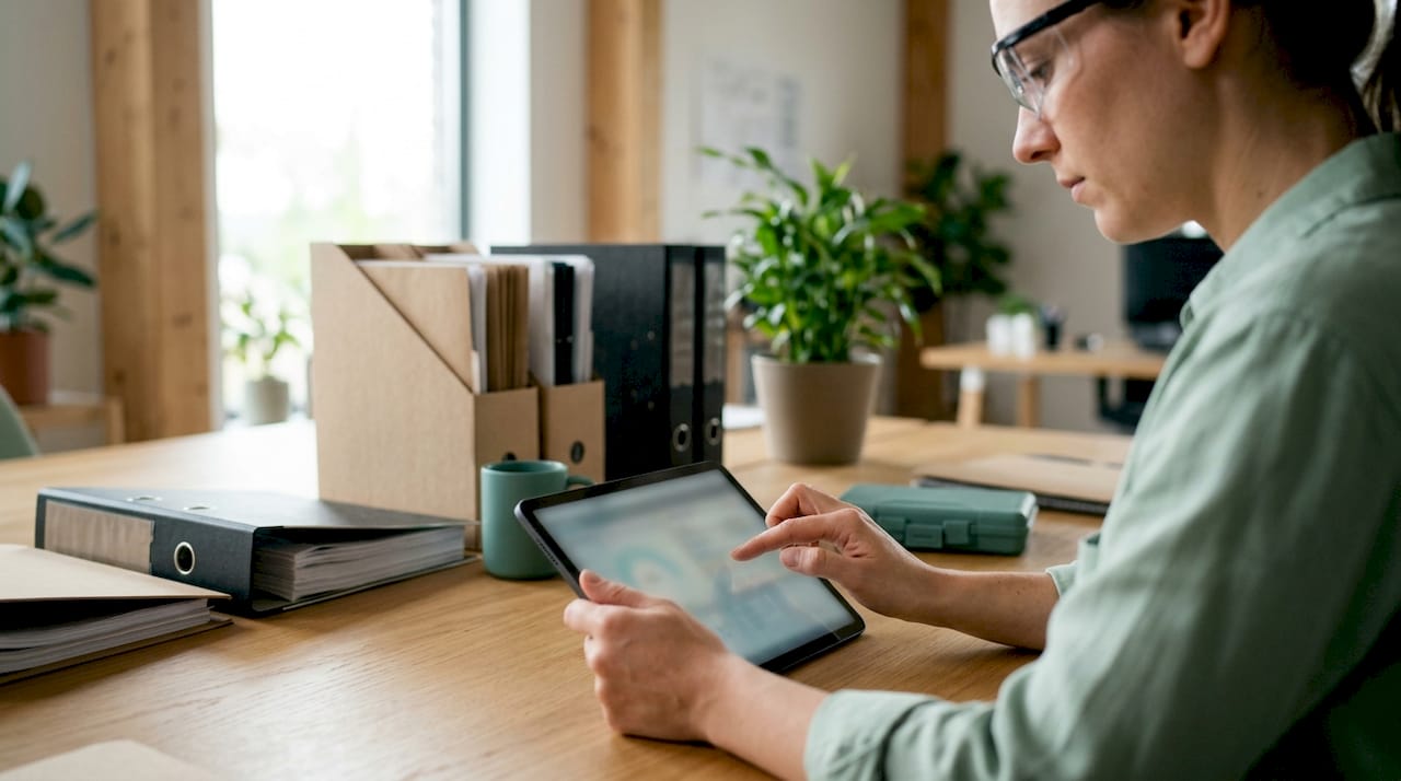Inženir spremlja učinkovitost proizvodnje na digitalni napravi v tovarni.