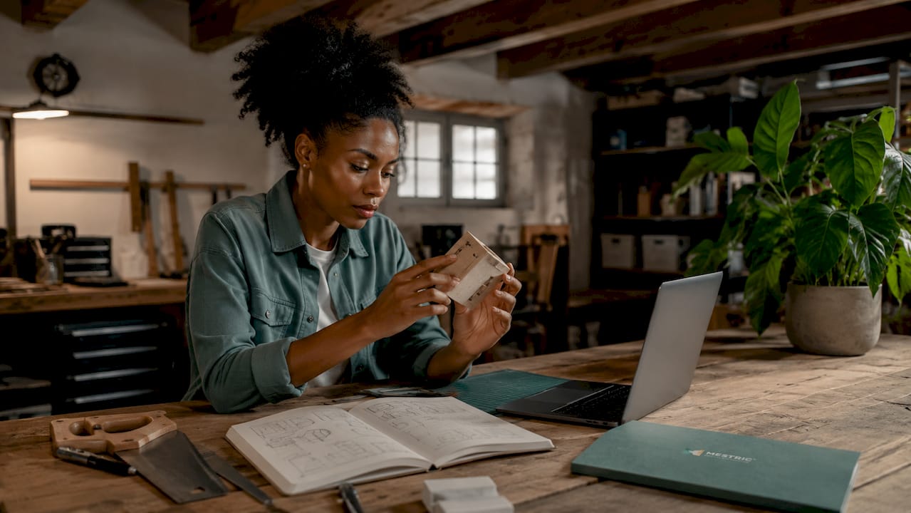 Woman inspecting small product prototype