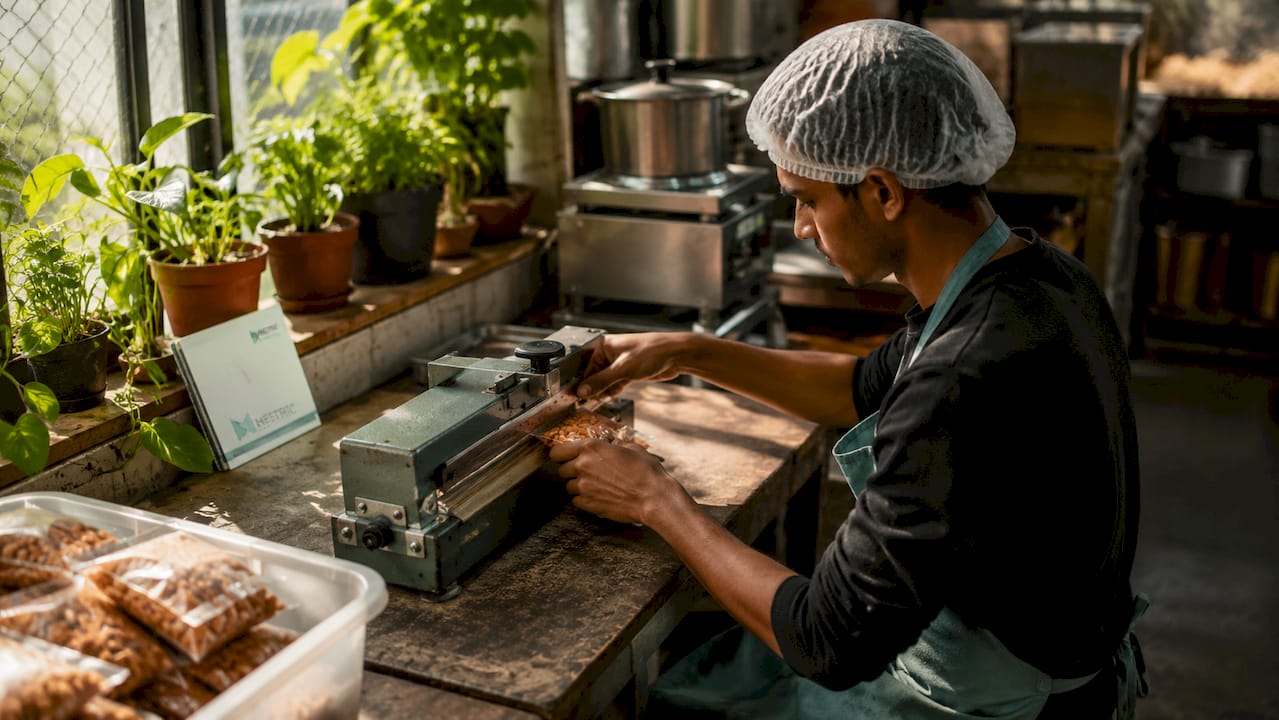 Food processing worker sealing packages