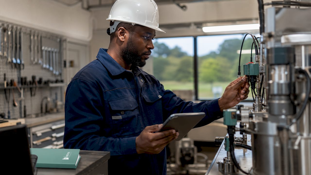 Technician adjusting manufacturing data sensors