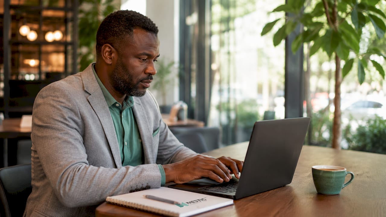 Hands typing on laptop in home office