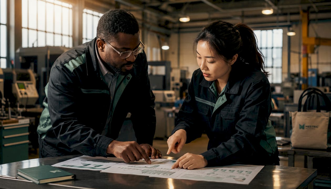 Team discussing manufacturing data sheets
