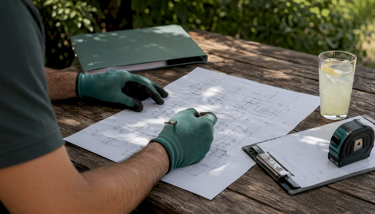 Hands pointing at manufacturing workflow diagrams