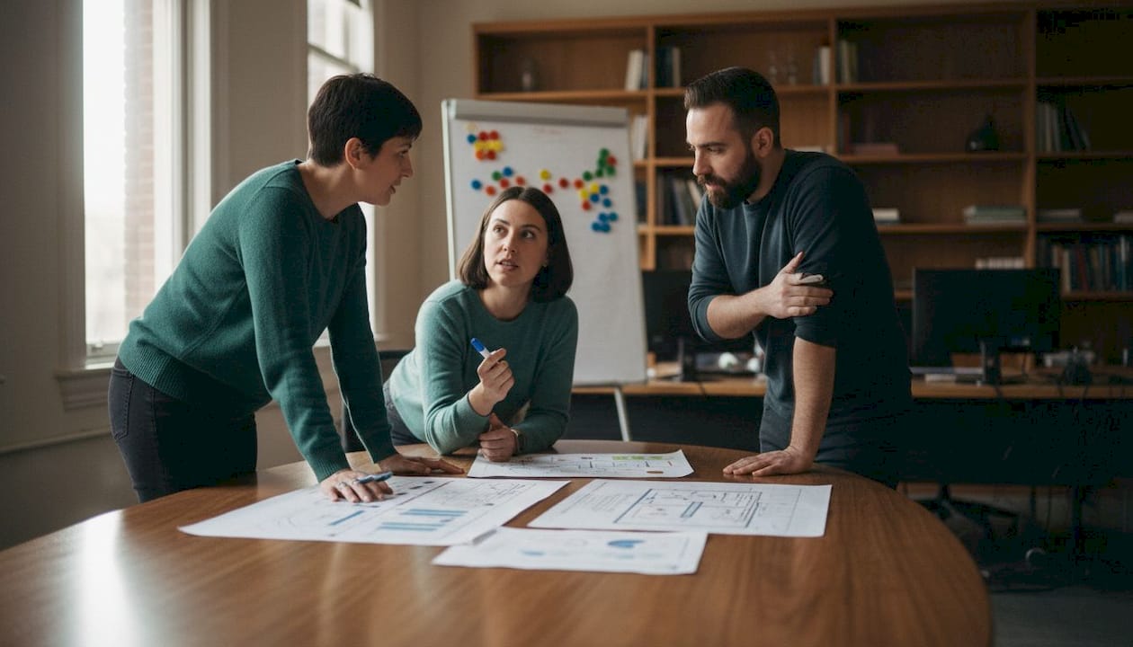 Ekipa v proizvodnji razpravlja o izboljšavah procesov po načelih Lean Six Sigma.