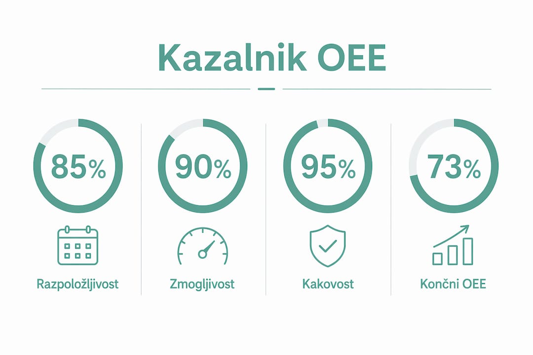 Infografika, ki prikazuje ključne sestavine OEE ter skupno uspešnost proizvodnega procesa