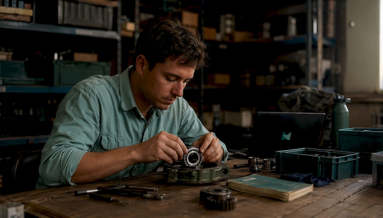 Technician assembling spare parts in storeroom
