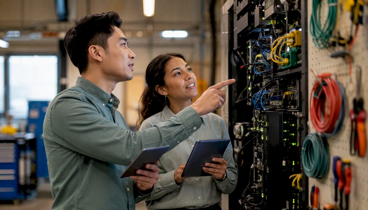 Engineers discussing manufacturing IT systems