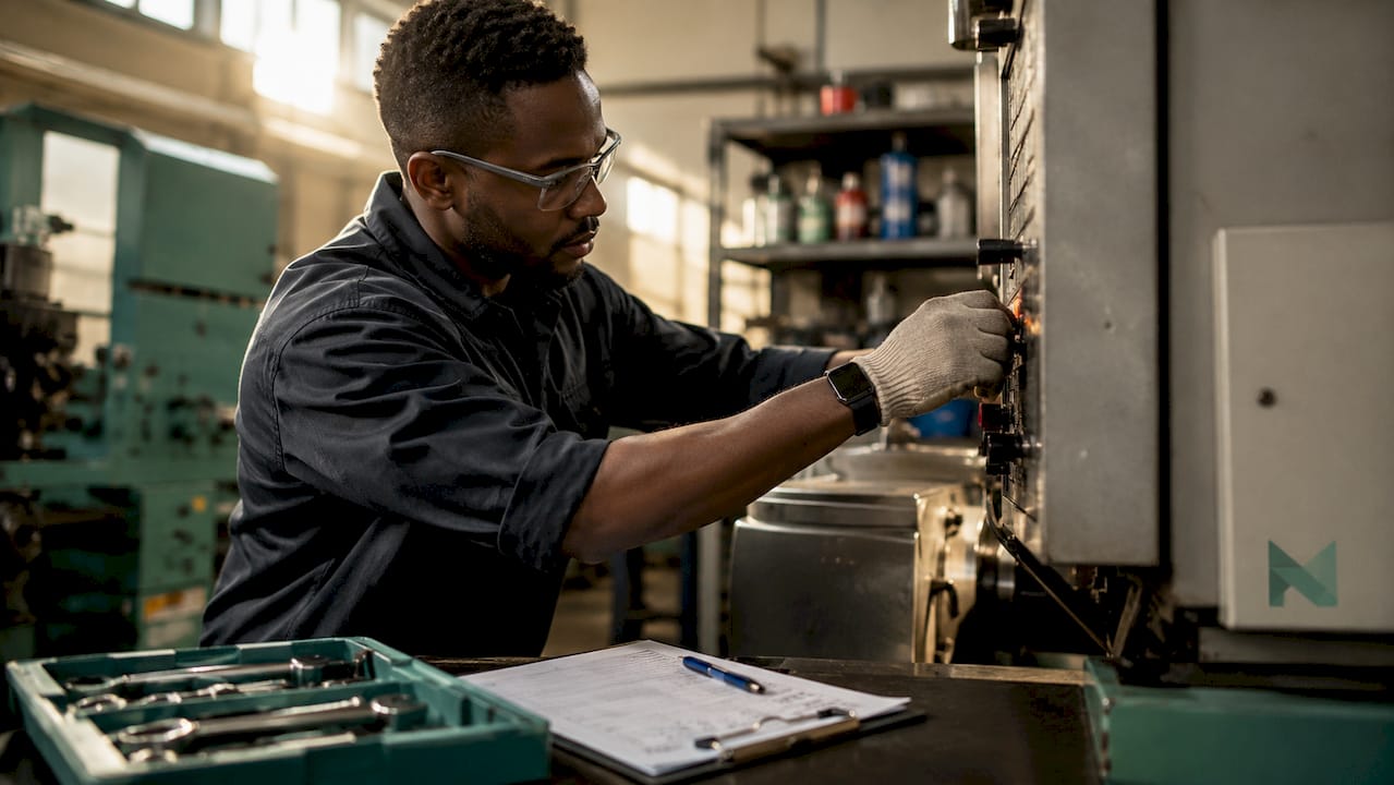 Technician adjusting manufacturing machine controls