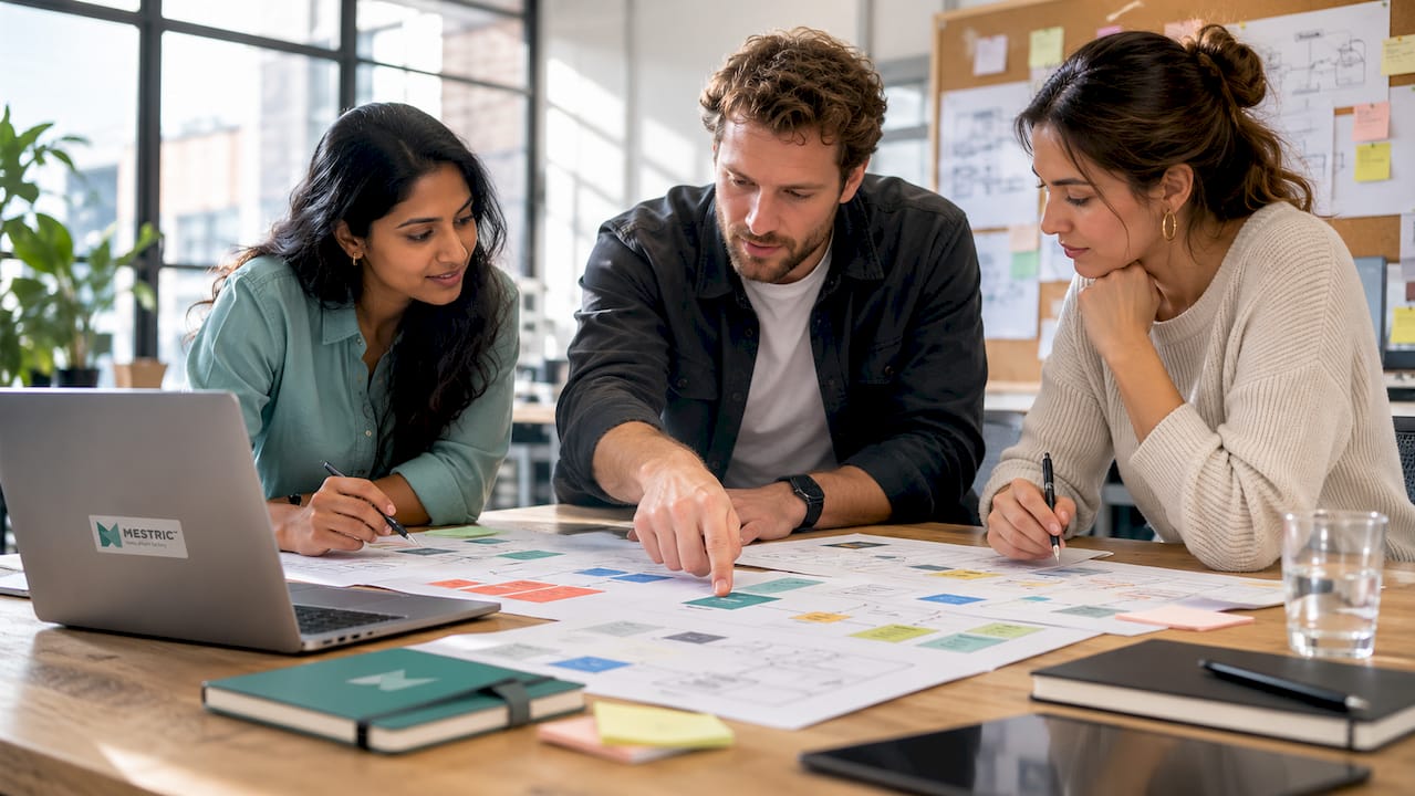 Engineers collaborating over visualization wireframes