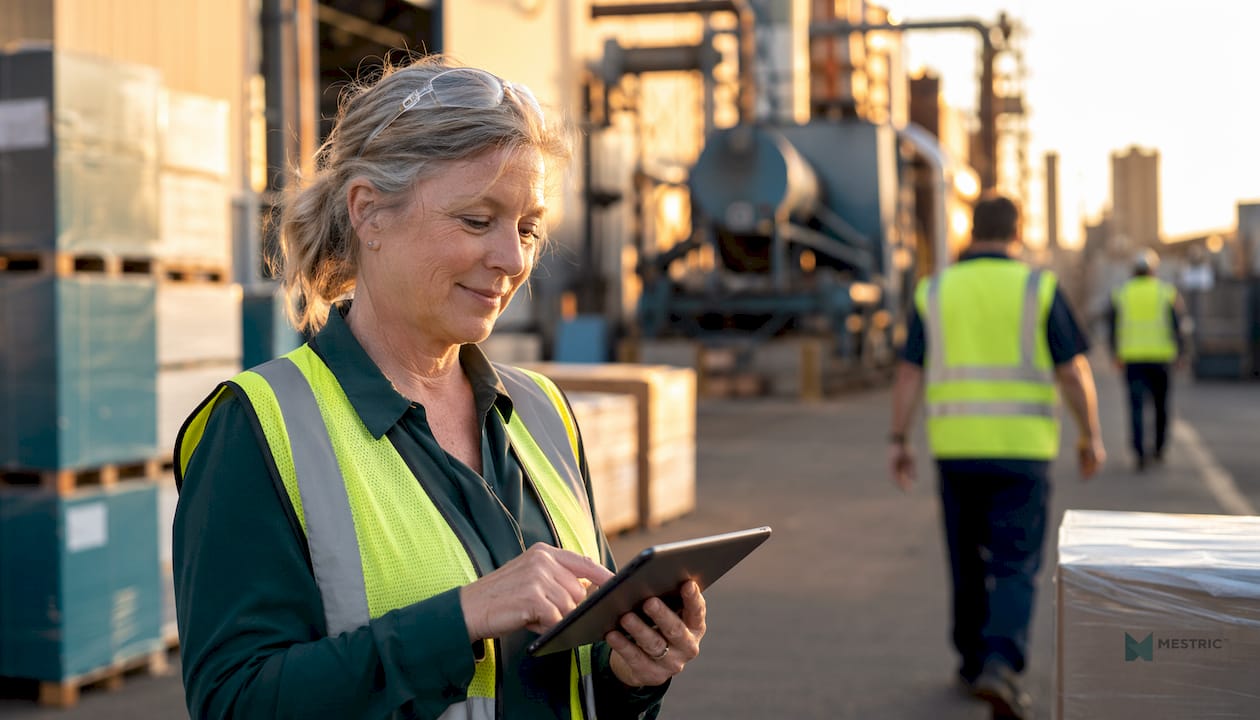 Production manager reviewing MES data on tablet