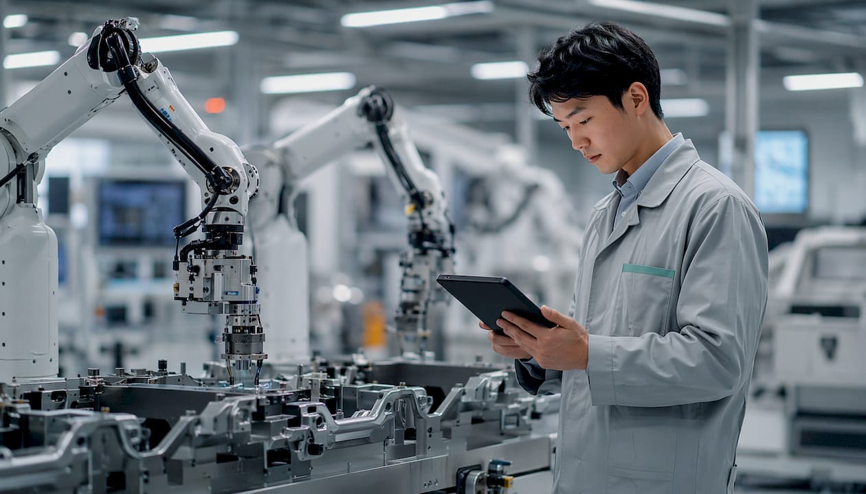 Manufacturing floor with robots and engineer