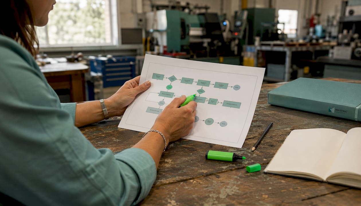 Hands pointing at quality workflow diagram