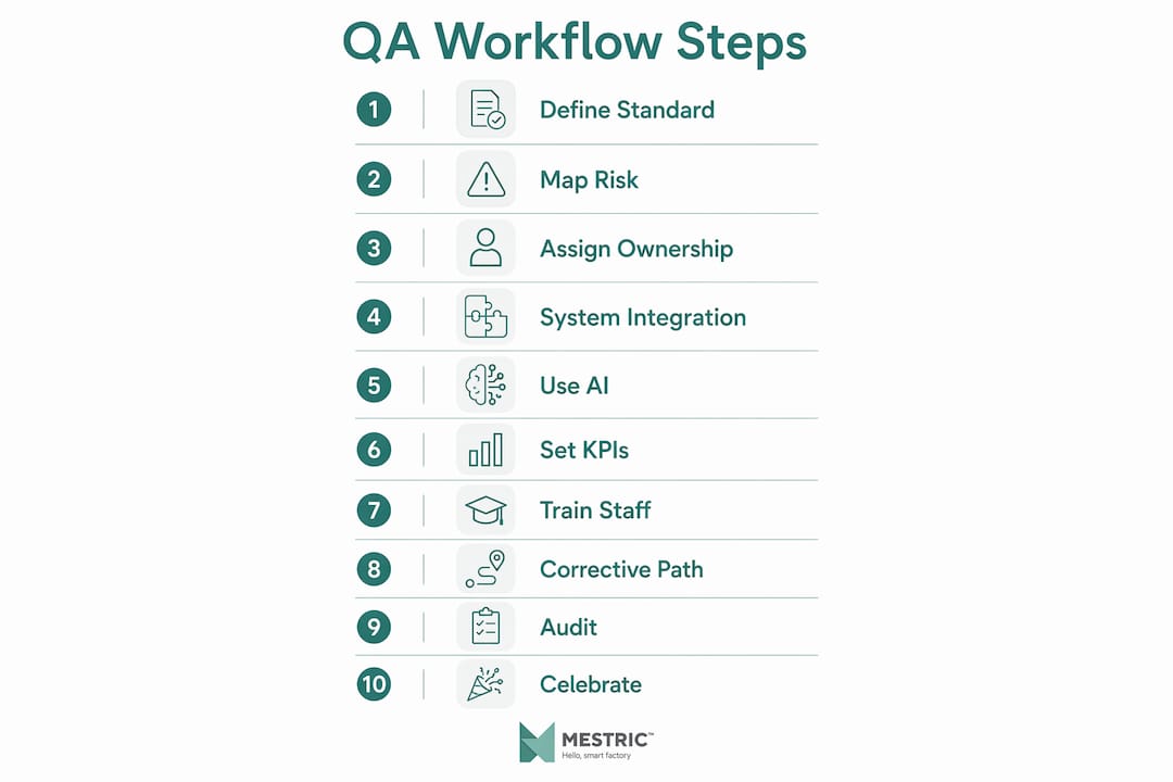 Infographic showing ten key QA workflow steps top to bottom