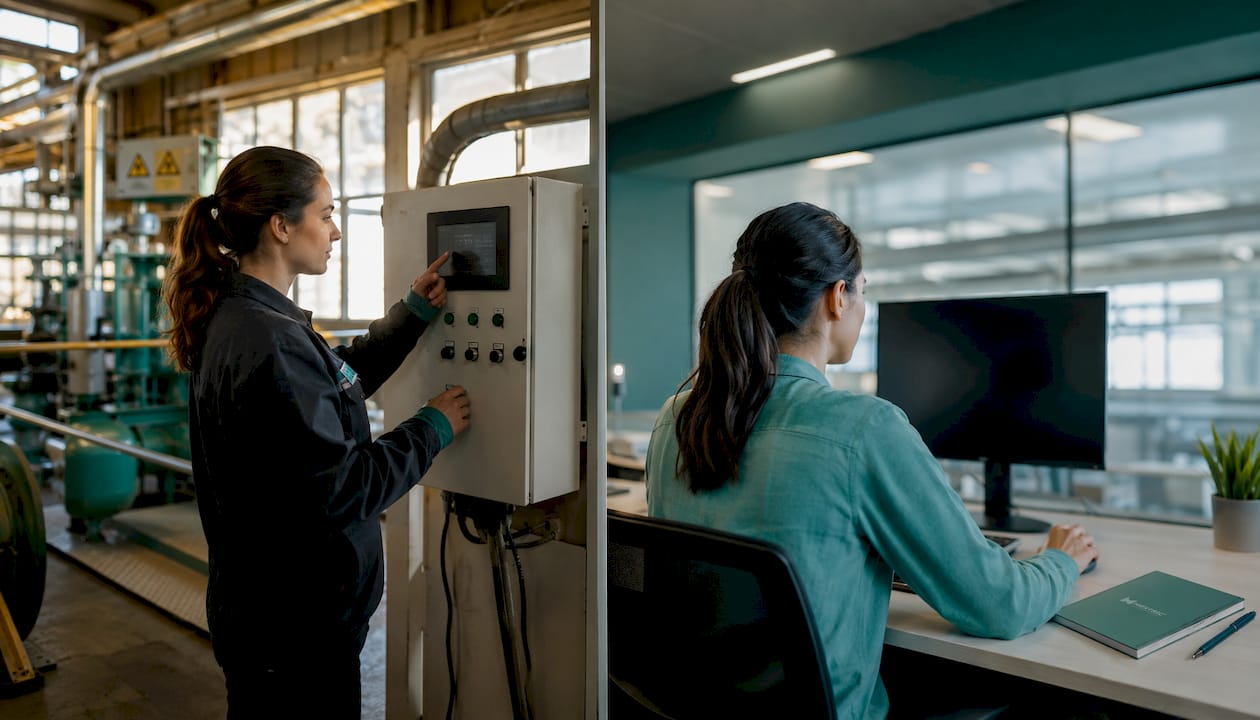 Two engineers discussing factory data systems remotely