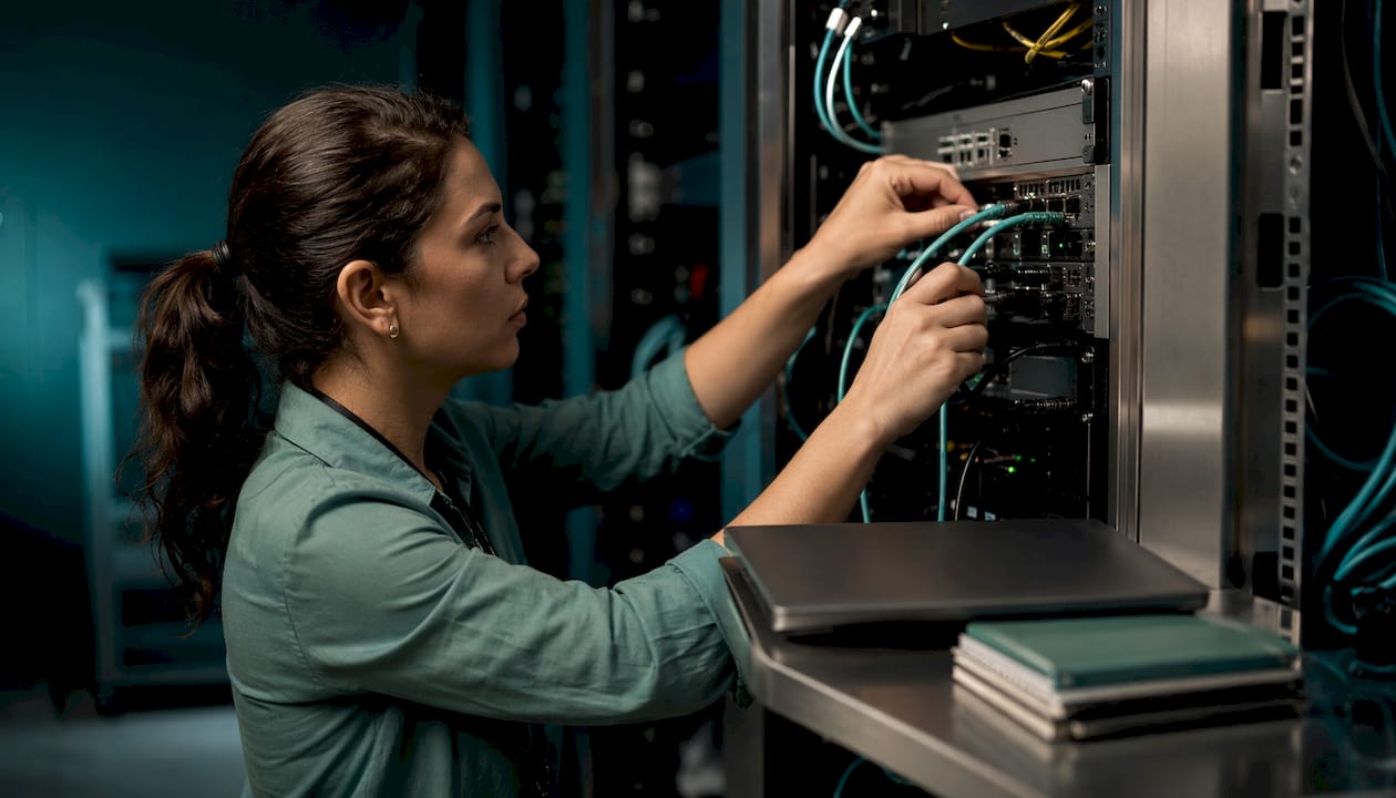 Hands connecting industrial network cables