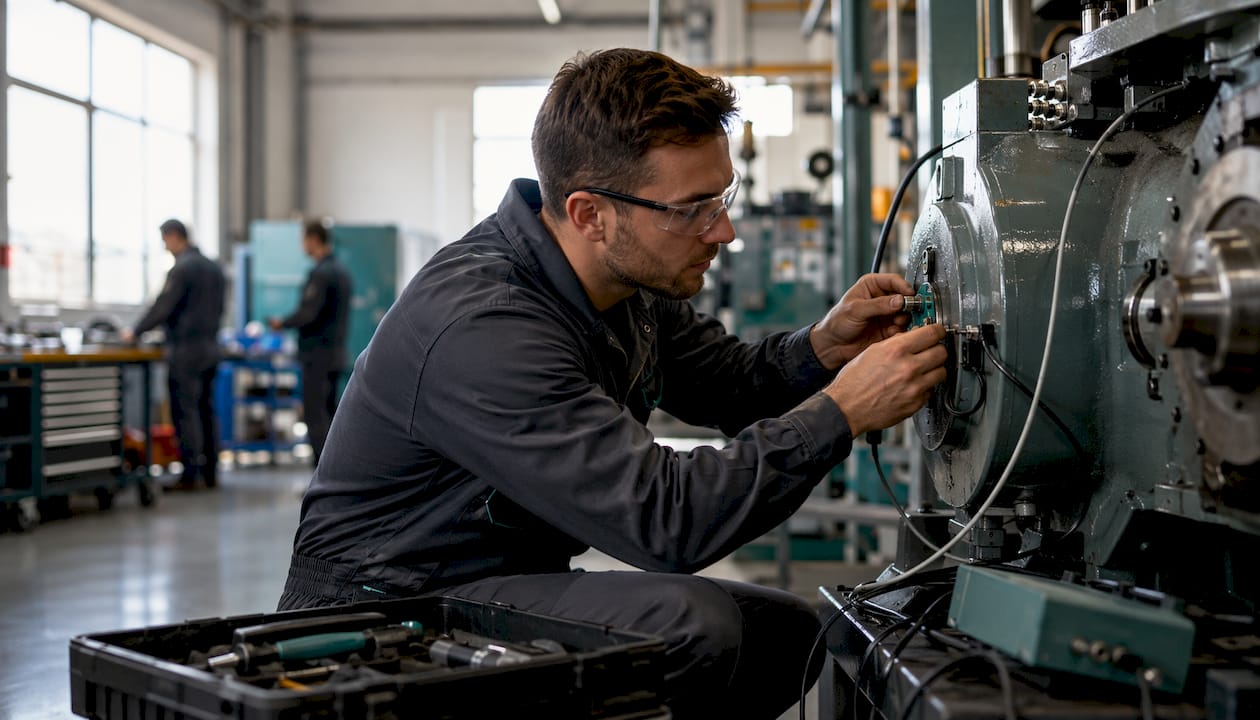 Technician installing machine data sensors
