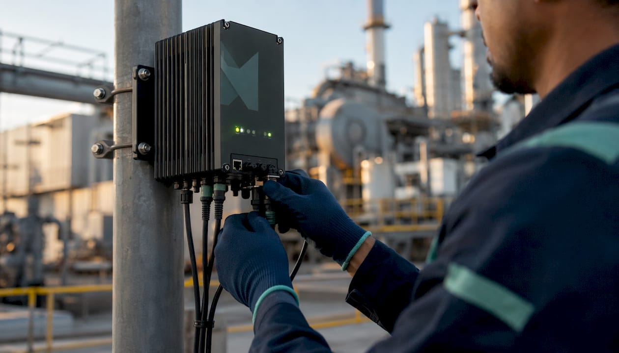 Technician connecting cables to edge computing device