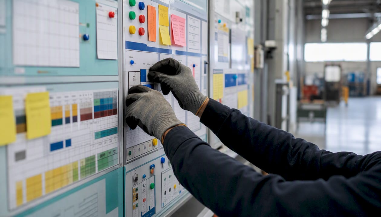 Visual management board on factory shop floor
