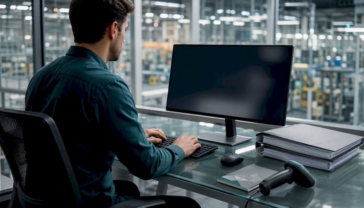 Engineer configuring MES dashboard on factory computer