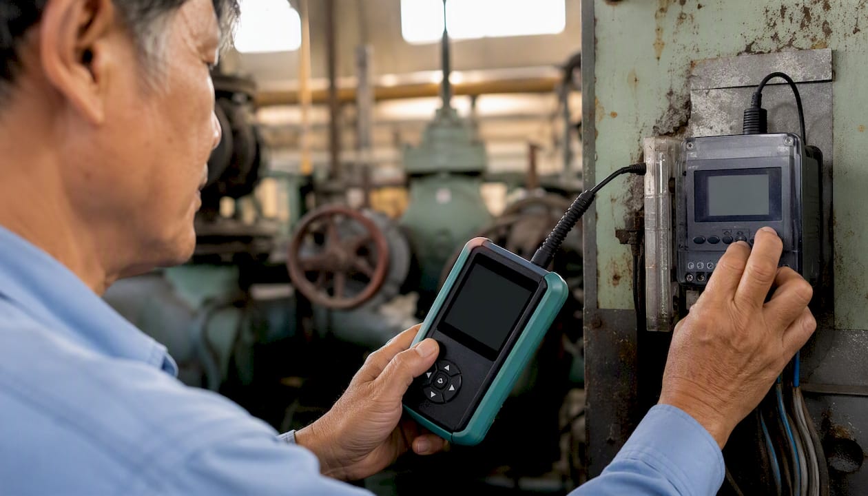 Hands checking factory energy meter