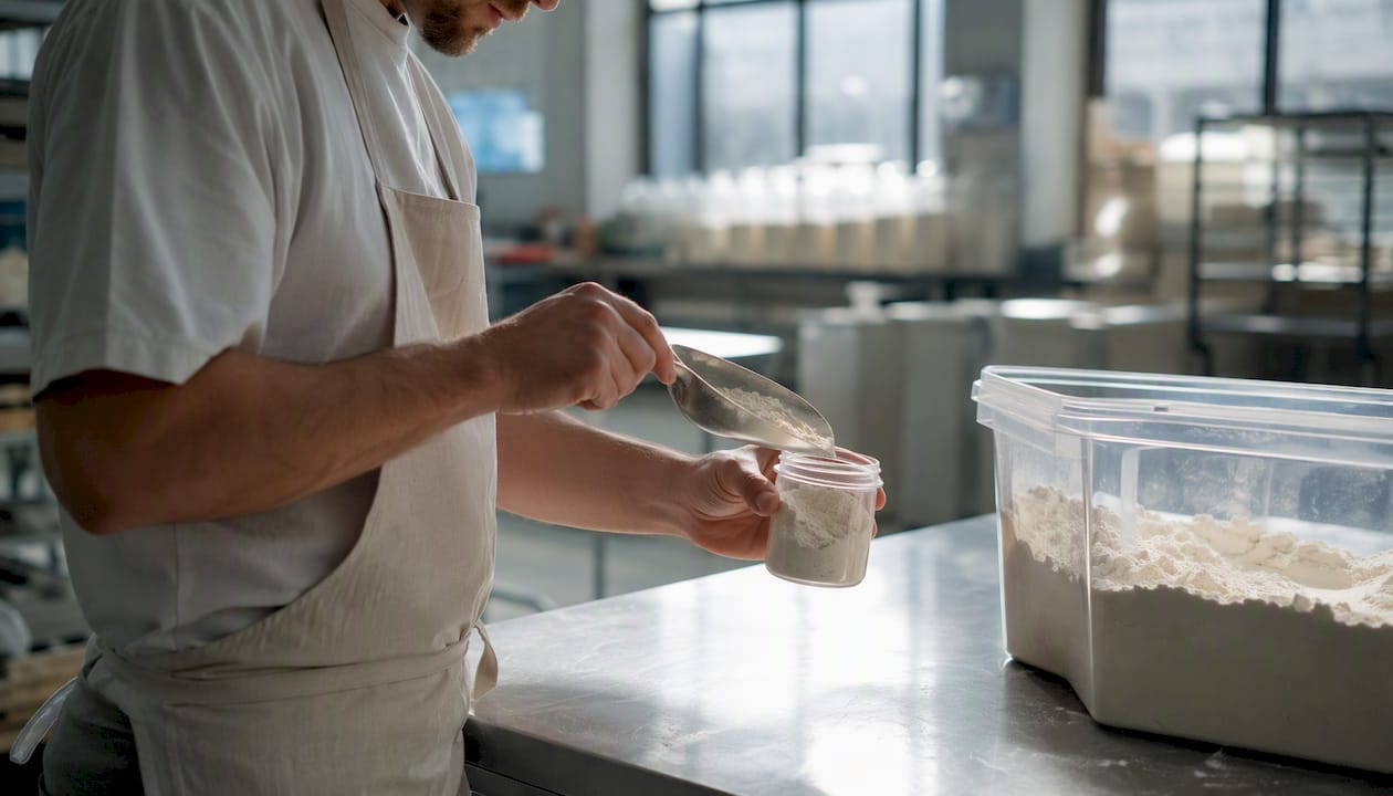 Hands checking raw flour sample in food plant