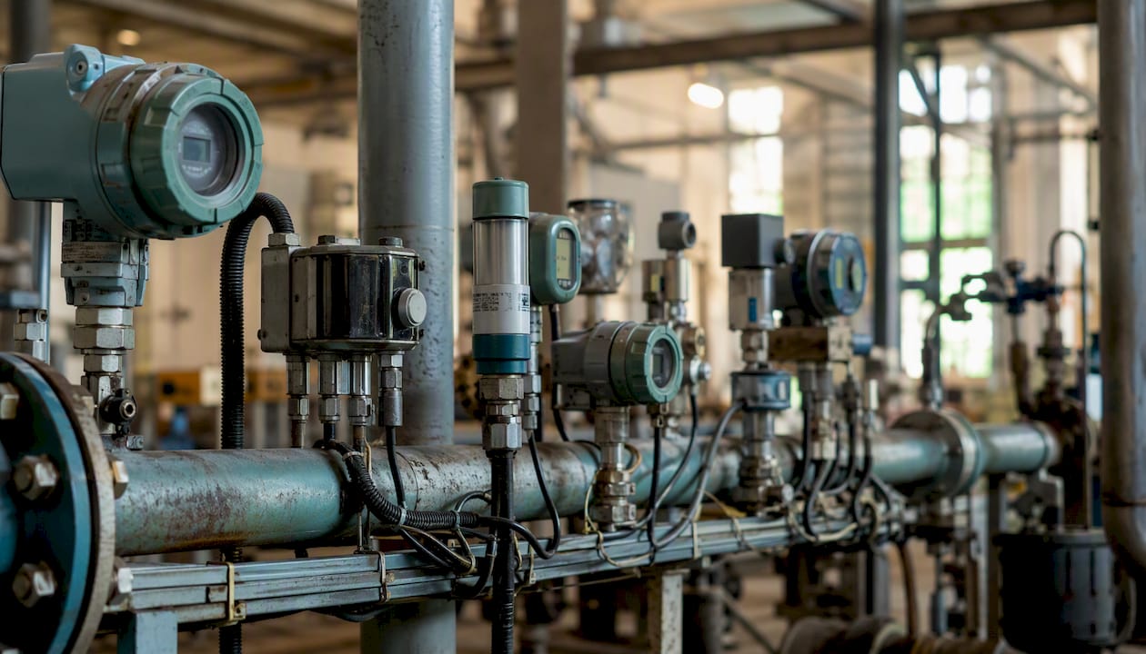 Wired industrial sensors on pipeline