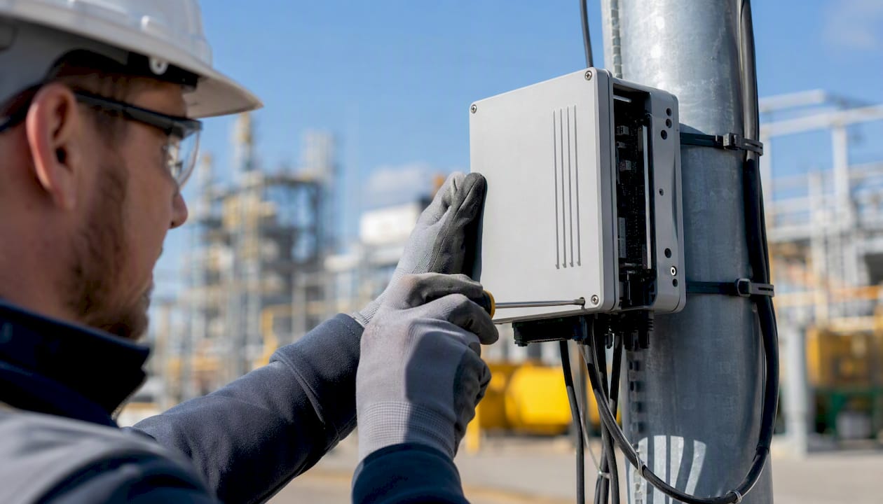 Technician servicing industrial edge device outdoors