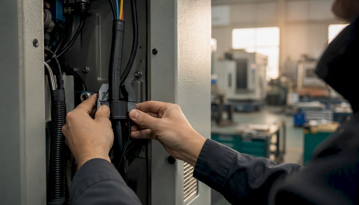 Hands fitting CT clamp on CNC machine power cable
