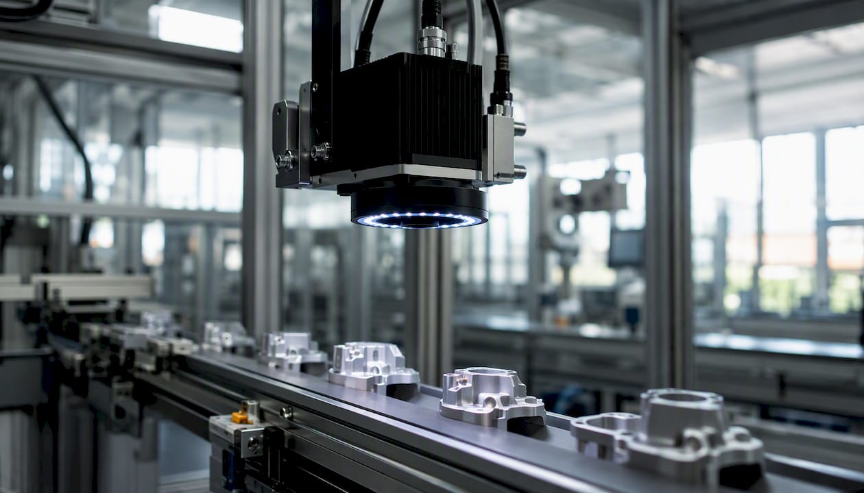 Industrial camera inspecting parts on conveyor