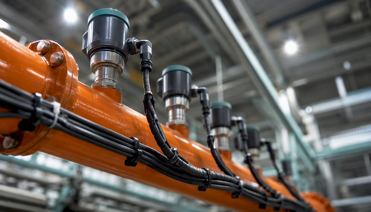 Industrial sensors and wiring on plant piping