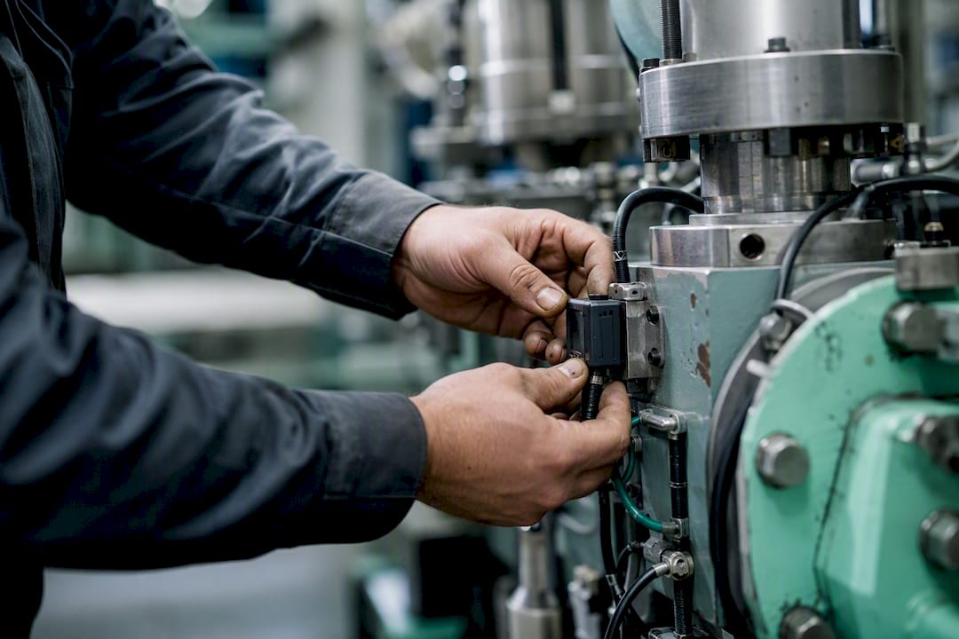 Hands installing sensor on manufacturing equipment