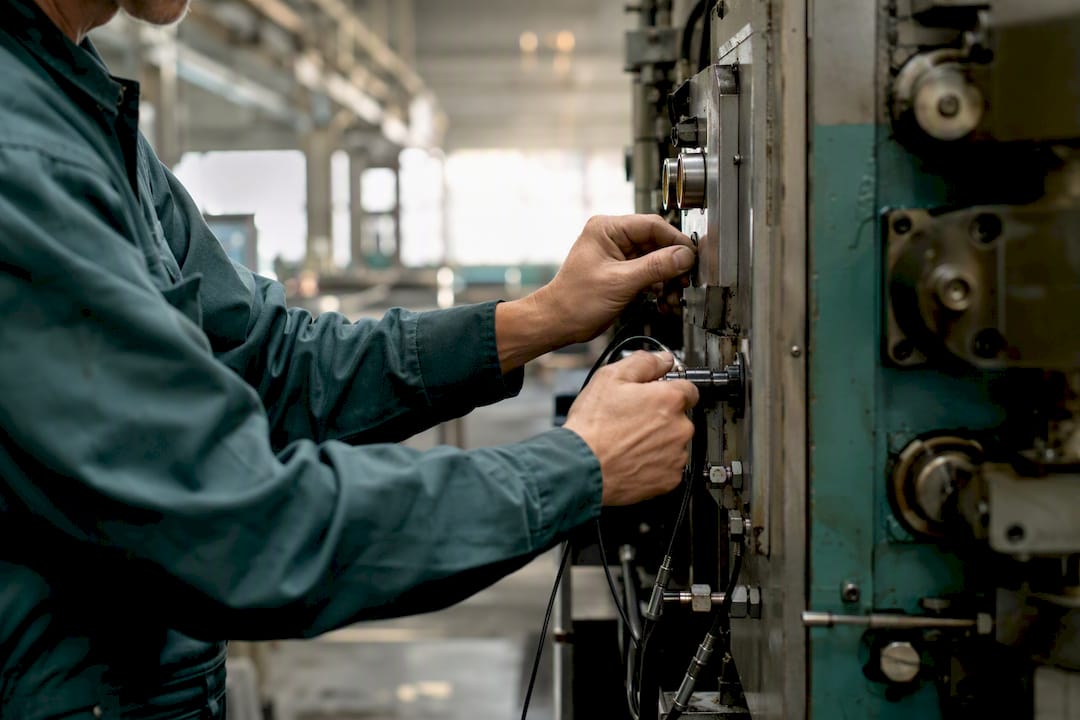 Technician hands adjusting machine controls