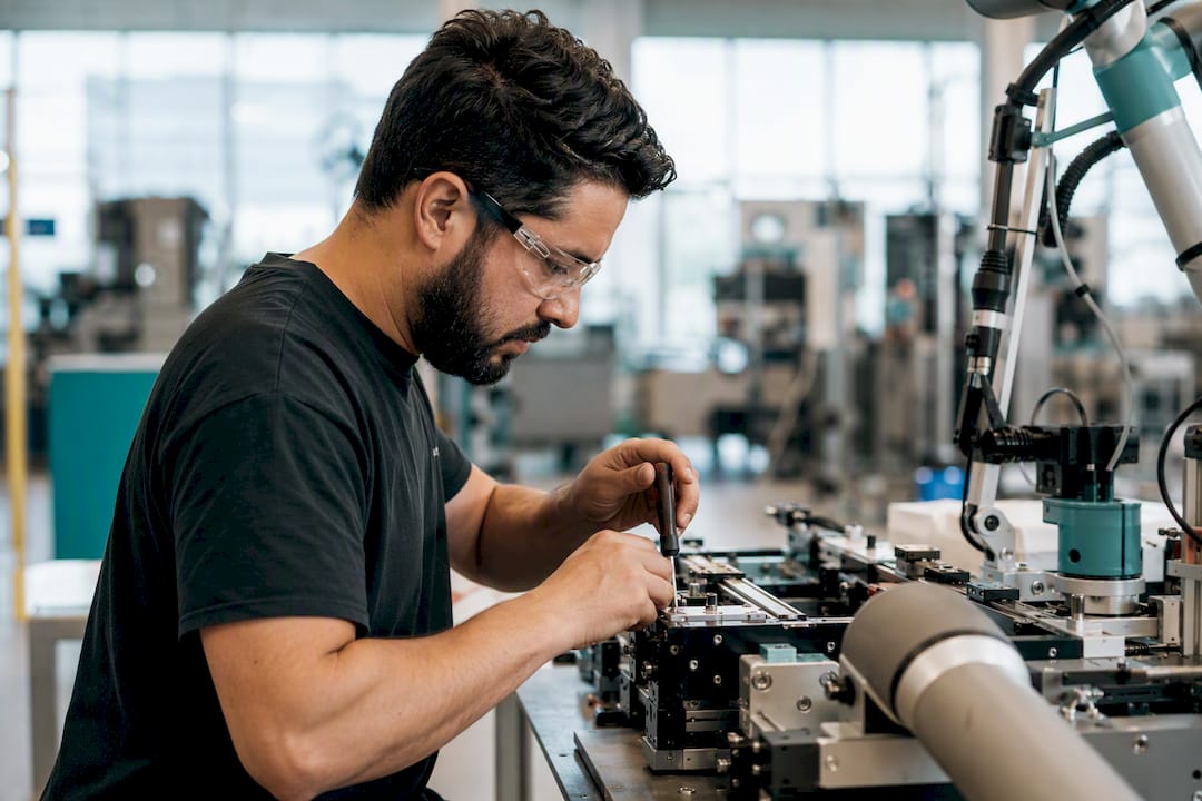 Hands performing skilled assembly on production line