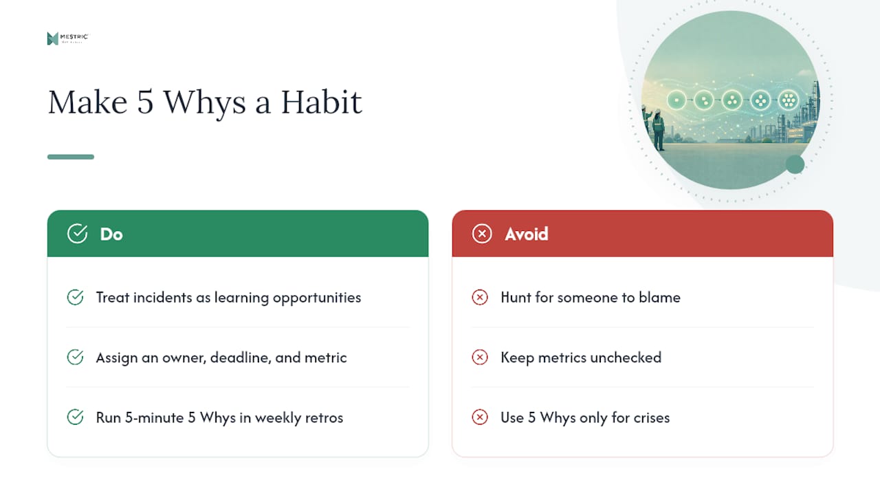 Making 5 Whys part of continuous improvement — overview diagram