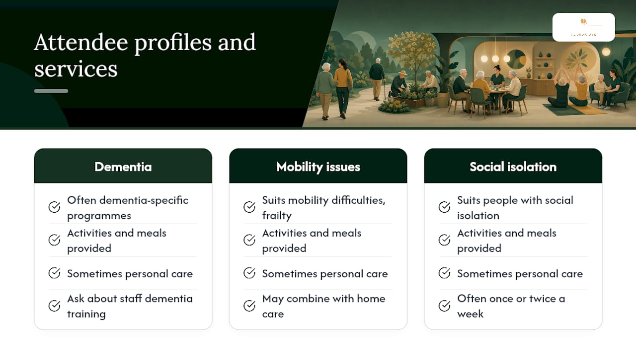 Diagram comparing attendee types and services in adult day care