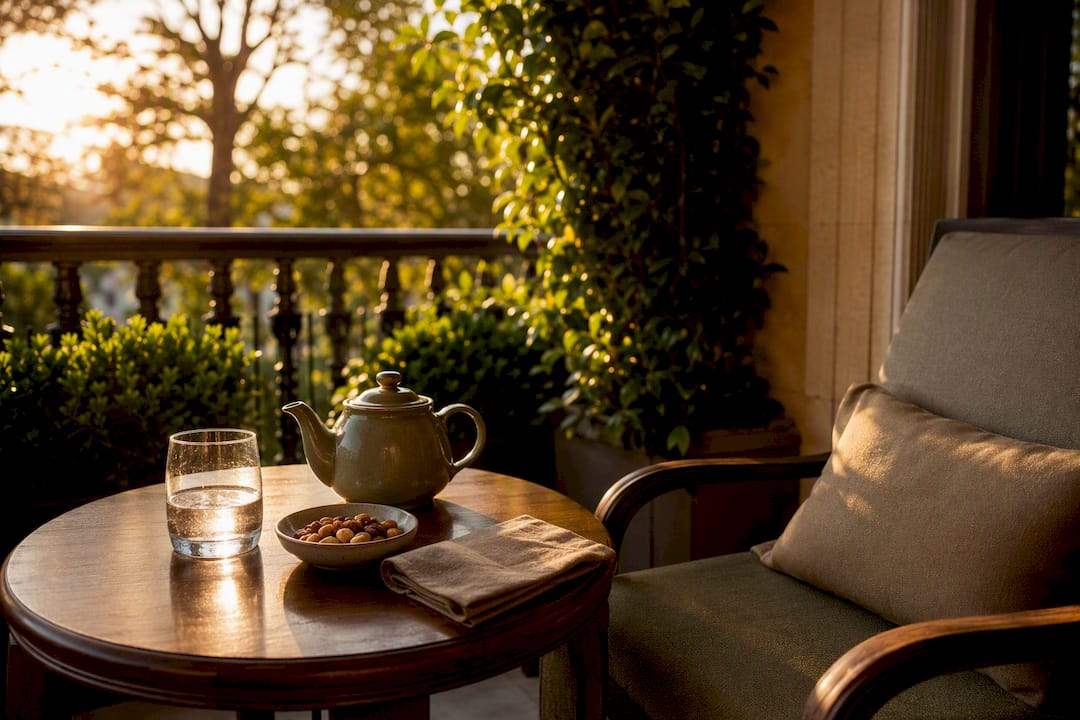 Snack and drink arranged on side table