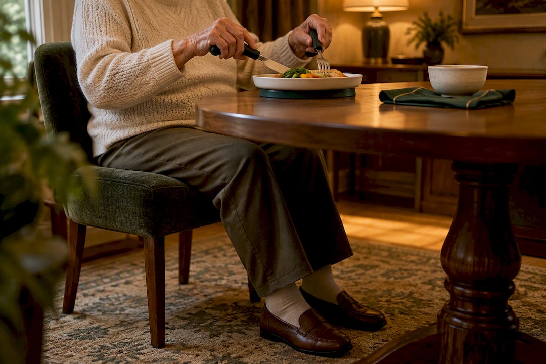 Older adult using adaptive cutlery at mealtime
