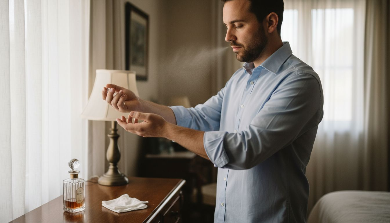 Man holding wrists apart after applying perfume
